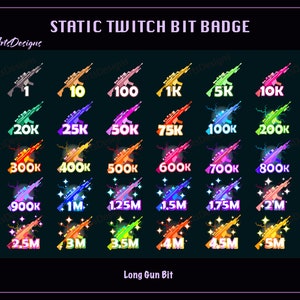 May include: A set of 20 Twitch bit badges featuring a pixelated long gun in various colors and numbers from 1 to 5 million. The badges are designed for Twitch streamers to reward their viewers.
