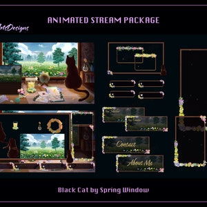 Paquete de superposición de transmisión animada Black Cat junto a la ventana SPRING, paquete de superposición de transmisión animada Spring Cat para Streamers, OBS, StreamLabs