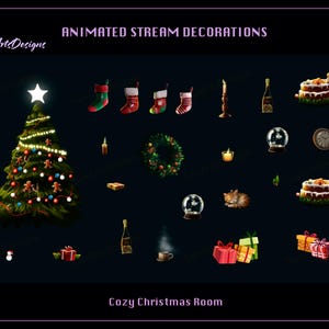 Könnte beinhalten: Animierte Weihnachts-Stream-Dekorationen für Twitch oder YouTube. Das Set enthält einen Weihnachtsbaum, Geschenke, Kerzen, eine Katze, eine Schneekugel, einen Kranz, Strümpfe, eine Flasche Wein, ein Lebkuchenhaus und mehr.