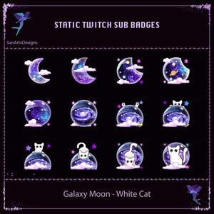 Insignias de suscripción de Twitch de White Cat en Galaxy Moon, insignias de suscripción de transmisión de White Cat en Galaxy Moon para streamers, Vtubers, YouTubers, OBS, chats