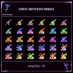 May include: A set of 16 static Twitch bit badges featuring a pixelated long gun in various colors. The badges are labeled with numbers from 1 to 5 million, representing different bit tiers.
