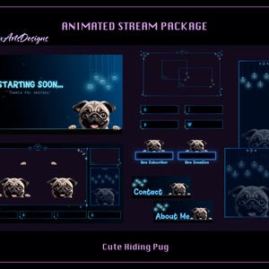 Animated Stream Package Blue Cute Hiding Pug, Animated Twitch Overlays Cute Hiding Pug for Streamers, OBS, StreamLabs, TROVO…