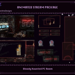 Animated Stream Overlay Package Bloody Haunted PC Room, Animated Twitch Overlays Haunted PC Room for Streamers, OBS, Streamlabs