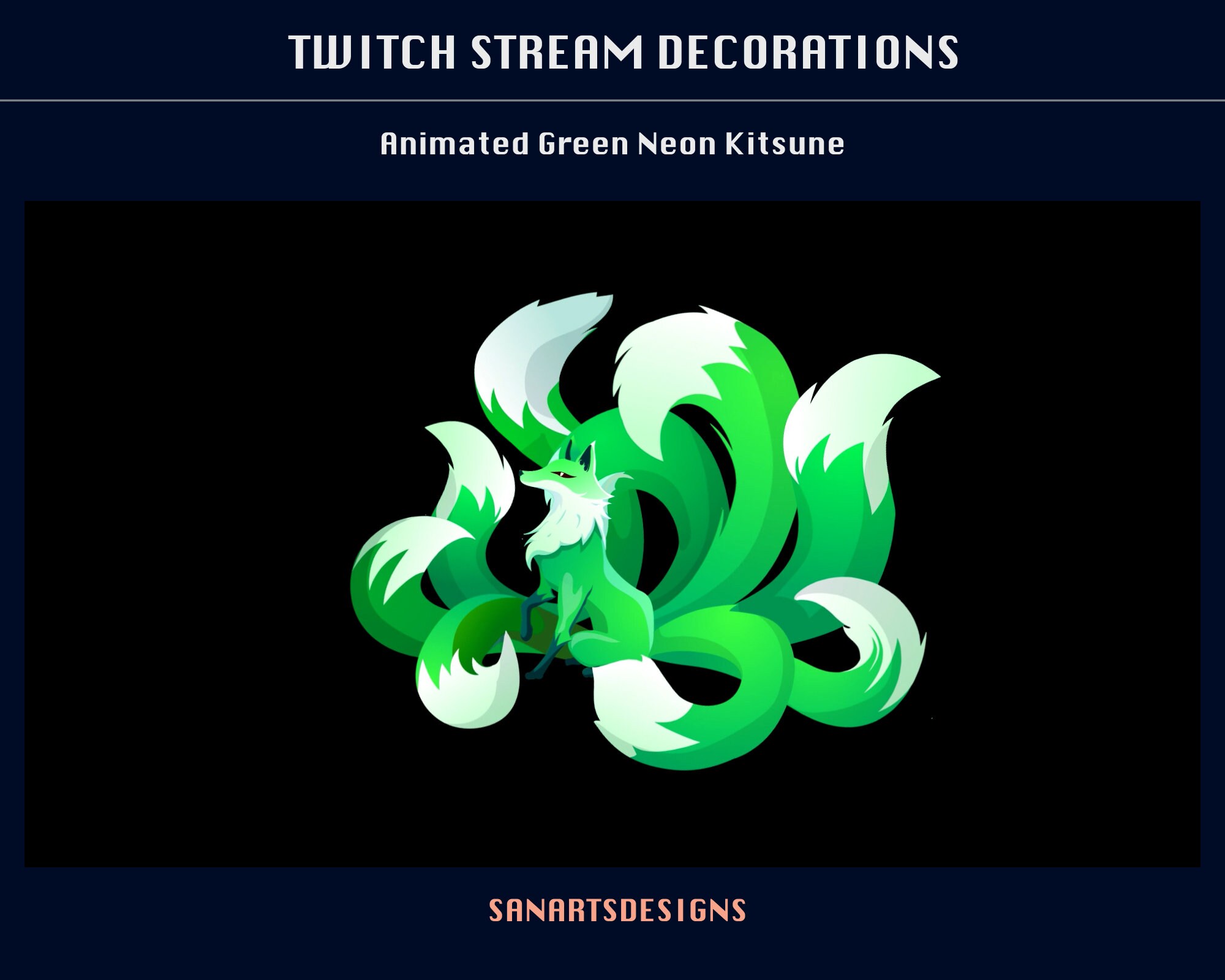 Green Neon Nine Tail Fox Animated Stream Decorations, Animated