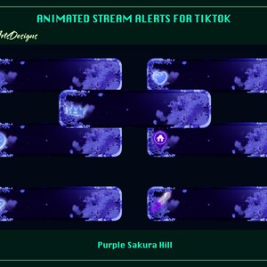 May include: Animated stream alerts for TikTok in a purple and blue color scheme with a sakura flower design. The alerts include a heart, crown, home, diamond, and sword.