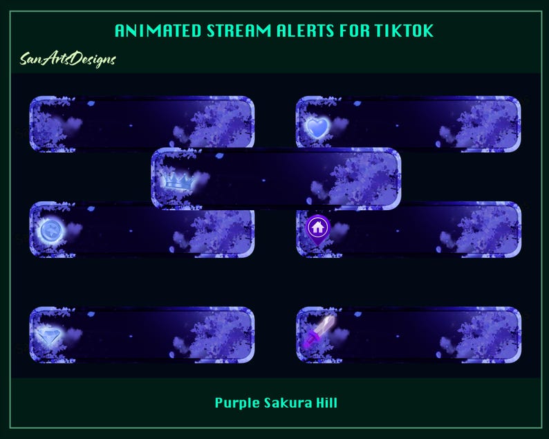 May include: Animated stream alerts for TikTok in a purple and blue color scheme with a sakura flower design. The alerts include a heart, crown, home, diamond, and sword.