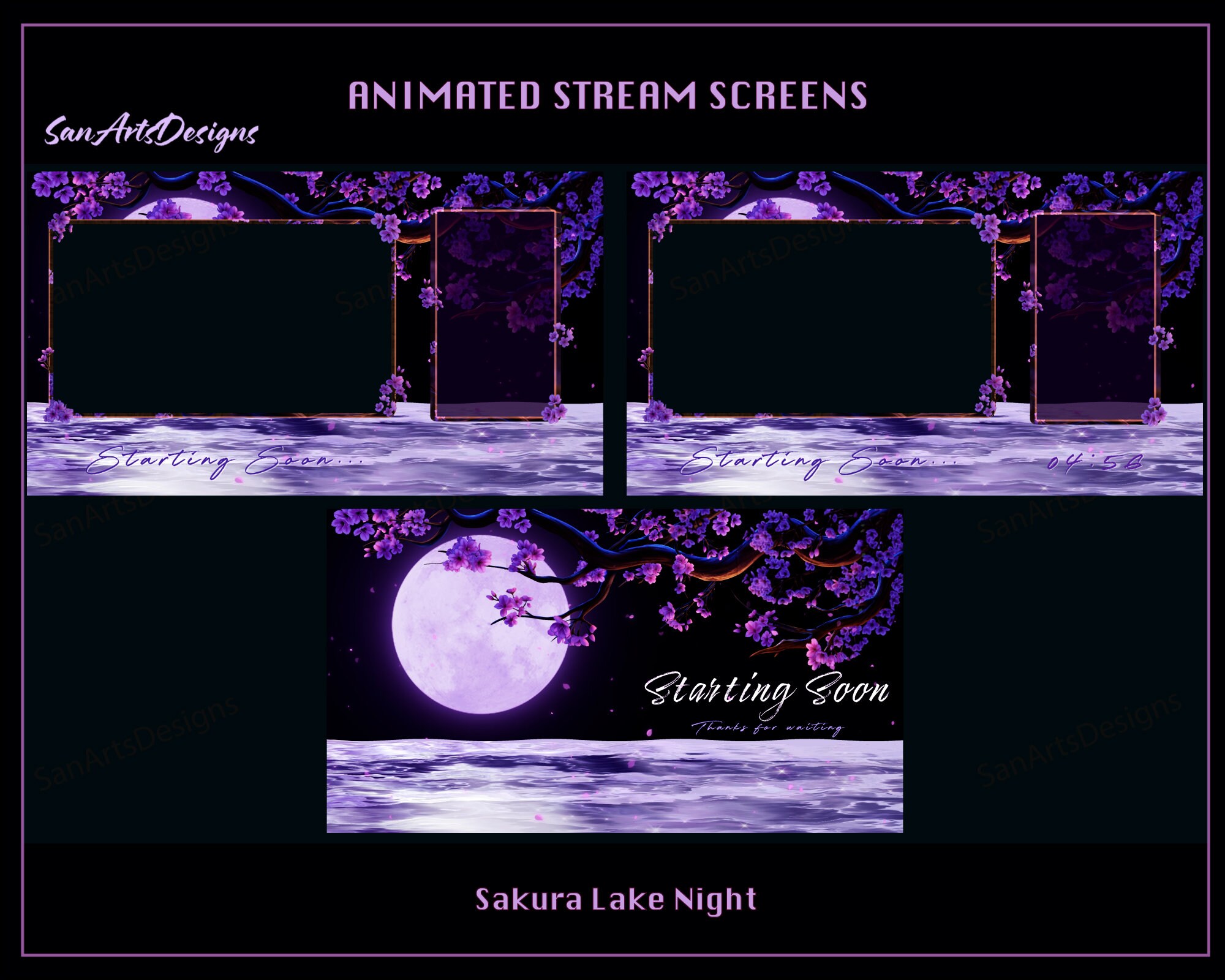 Sakura Lake Night Animated Stream Screen Overlays, Purple Sakura Lake Twitch Overlay, Cherry Blossom Twitch Overlay for Streamer