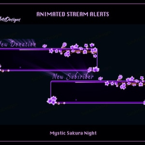 Op de afbeelding: Geanimeerde streamwaarschuwingen met een donkerpaars en zwart thema. Het ontwerp bevat twee rechthoekige vakken met bloemaccenten en de tekst "New Donation" en "New Subscriber". De woorden "Mystic Sakura Night" staan onderaan.