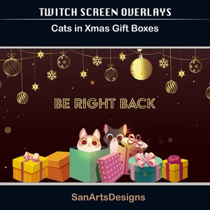 Animated Scenes Merry Christmas Cute Hiding Cats in Gift Boxes, Animated Twitch Overlays Xmas Funny Cats for Streamers, OBS, Streamlabs