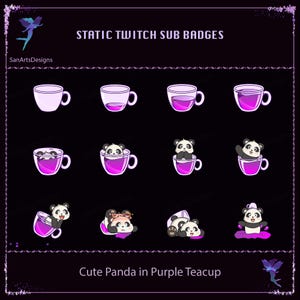 Insignias de suscripción a Twitch con un lindo panda en una taza de té morada, insignias de suscripción a Twitch con un lindo panda en una taza de té, insignias de suscripción kawaii para streamers, YouTubers y Discord