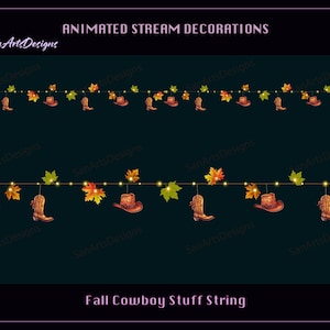 Könnte beinhalten: Animierte Lichterkette mit Herbstdekorationen, darunter Cowboystiefel, Hüte und Blätter. Die Lichterkette ist mit "Fall Cowboy Stuff String" beschriftet.