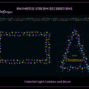 Puede incluir: Luces de Navidad animadas en forma de árbol y marco. Las luces del árbol son multicolores y las luces del marco son multicolores con un brillo dorado. El texto "Feliz Navidad" está en letras doradas en el árbol. El texto "Colorful Light Cambox and Decor" está en la parte inferior de la imagen.