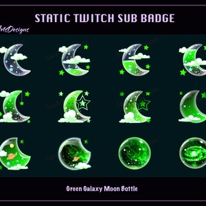 Green Moon Galaxy Bottle Twitch Sub Badges, Green Moon Galaxy Stream Sub Badges for Streamer, Vtuber, YouTuber, OBS, Chat