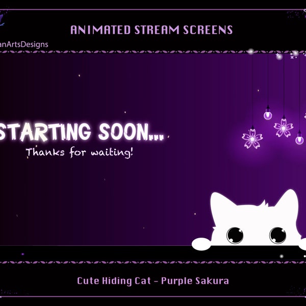Animated Scenes Cute Hiding Cat, Animated Twitch Overlays Cute White Cat Purple Version for Streamers, OBS, StreamLabs, StreamElements