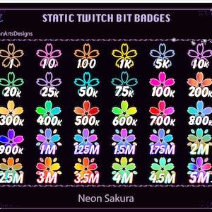 Neon Sakura Twitch Bit Badges, Cherry Blossom Bit Badges, Kawaii Sub Bit Badges for Streamer, YouTuber, Discord, OBS, Streamlabs