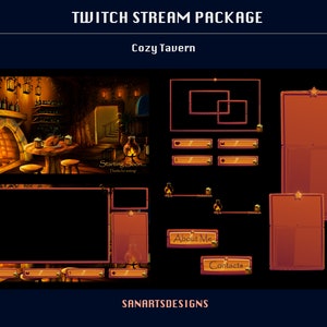 Animated Twitch Overlays Package Cozy Tavern, Warm Pub Animated Stream Package for Streamers, OBS, Streamlabs, StreamElements, TROVO