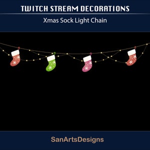 May include: A string of Christmas lights with red, green, and pink stockings hanging from it. The lights are strung across a black background. The text "Xmas Sock Light Chain" is above the lights and the text "SanArtsDesigns" is below the lights.