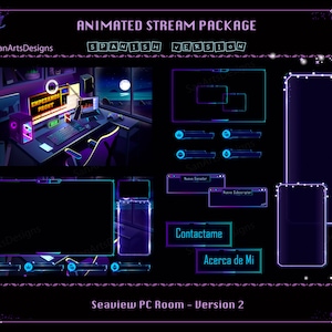 Animated Stream Package Seaview PC Set-up Room, Animated Twitch Overlay Package PC Room by the Sea for Streamers - Spanish Version