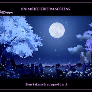 Animated Stream Screen Overlay Blue Sakura Graveyard, Animated Twitch Overlays Blue Sakura Graveyard for Streamer, OBS, StreamLabs - Ver 2