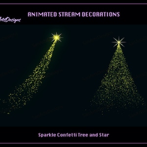 Könnte beinhalten: Animierter Strom aus gelben Konfetti-Glitzern in Form eines Weihnachtsbaums und eines Sterns. Der Text "Sparkle Confetti Tree and Star" befindet sich unter dem Bild.