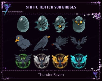 Black Crow Twitch Sub Badge, Thunder Black Raven Twitch Sub Badge, Kawaii Sub Bit Badge for Streamer, YouTuber, Discord