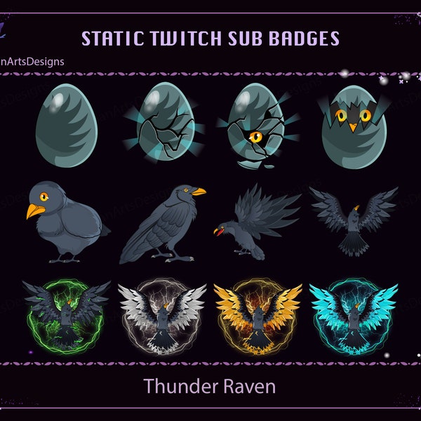 Black Crow Twitch Sub Badge, Thunder Black Raven Twitch Sub Badge, Kawaii Sub Bit Badge for Streamer, YouTuber, Discord