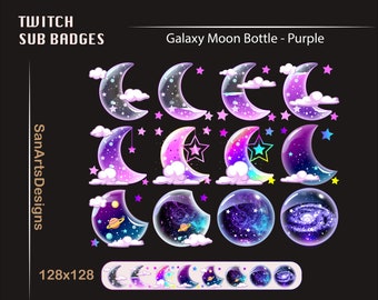 Purple Moon Galaxy Bottle Twitch Sub Badges, Purple Moon Galaxy Stream Sub Badges for Streamer, Vtuber, YouTuber, OBS, Chat