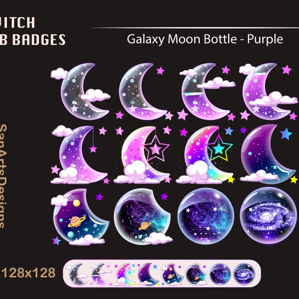 Purple Moon Galaxy Bottle Twitch Sub Badges, Purple Moon Galaxy Stream Sub Badges for Streamer, Vtuber, YouTuber, OBS, Chat