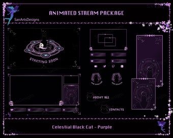 Animated Twitch Stream Overlays Package Celestial Witchy Black Cat Purple Version for Streamers, OBS, Vtubers, Streamlabs, StreamElements