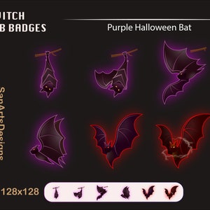 May include: Purple Halloween bat Twitch sub badges. The badges feature a black bat with glowing purple outlines. The bat is shown in different poses, including hanging upside down, flying, and with its wings spread. The badges are 128x128 pixels.