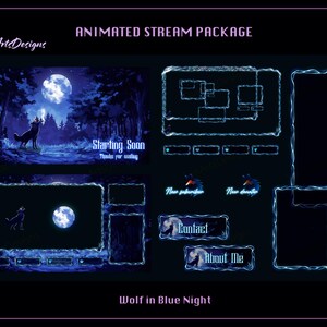 Wolf in the Blue Night Animated Stream Bundle, Wolf in the Blue Night Twitch Overlay Package, Wolf under Blue Moon for Streamers, OBS