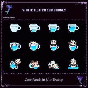 Insignias de suscripción de Twitch con un lindo panda en una taza de té azul, insignias de suscripción de Twitch con un lindo panda en una taza de té, insignias de suscripción kawaii para streamers, YouTubers y Discord