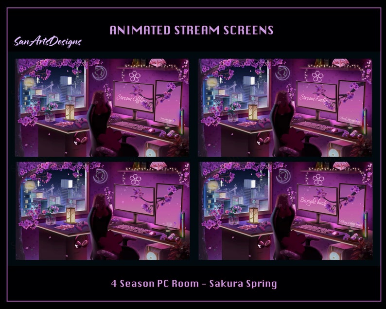 Sakura PC Room Animated Stream Overlay, Sakura PC Room Animated Twitch Overlay, Sakura Game Room Twitch Screen Overlay for Streamers image 2