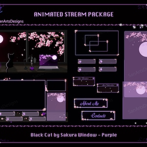 Animiertes Stream Paket Black Cat by Sakura Glass - Purple Version, Animierte Twitch Overlays Herbstliche Kirschblüte für Streamer
