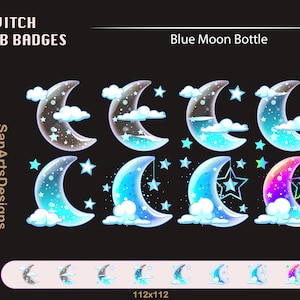 Blue Moon Bottle Twitch Sub Badges | Cyan Moon Stream Sub Badges | Streamer, Vtuber, YouTuber, OBS, Chat