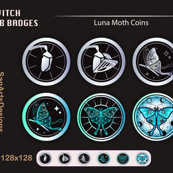 Blue Luna Moth Coin Twitch Sub Badges, Celestial Luna Moth Twitch Sub Badges for Streamers, Streamlabs, OBS | Kawaii Sub Bit Badges