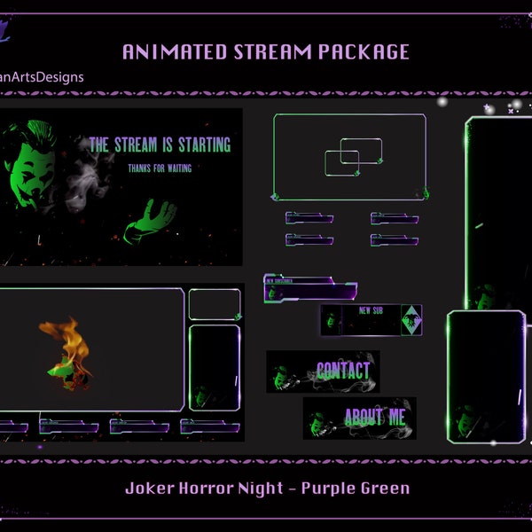 Neon Joker Animated Stream Overlay Package, Neon Joker Animated Twitch Overlays for Streamers, OBS, Streamlabs, StreamElements