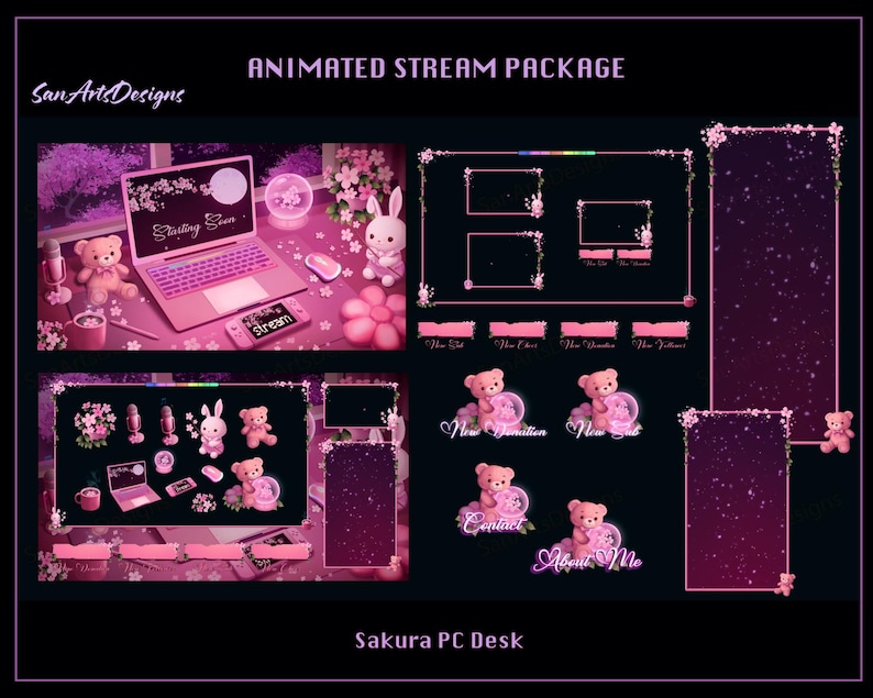 Sakura PC Desk Animated Stream Bundle, Sakura PC Desk Twitch Overlay ...
