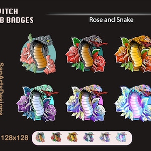 Rose and Snake Twitch Sub Badges, Rose Snake Twitch Sub Badges, Kawaii Sub Bit Badges for Streamers, YouTubers, Discord, OBS