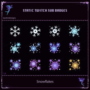 Op de afbeelding: Een verzameling van twaalf sneeuwvlokontwerpen in verschillende kleuren, waaronder wit, blauw en paars, op een zwarte achtergrond. De tekst "STATIC TWITCH SUB BADGES" en "Snowflakes" wordt weergegeven. De ontwerpen zijn voor digitaal gebruik.