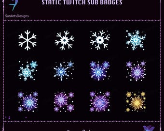 May include: A collection of twelve snowflake designs in various colors, including white, blue, and purple, on a black background. The text "STATIC TWITCH SUB BADGES" and "Snowflakes" are displayed. The designs are for digital use.