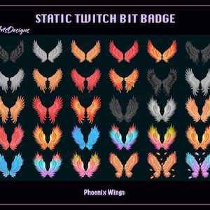 Op de afbeelding: Een set van 30 statische Twitch-bitbadges met feniksvleugels in verschillende kleuren, waaronder zwart, wit, rood, oranje, geel, blauw, paars en roze. De badges zijn in rijen gerangschikt en zijn gelabeld met "STATIC TWITCH BIT BADGE" en "Phoenix Wings".