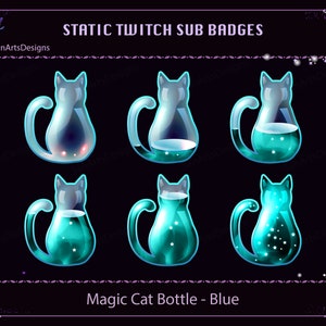 Blue Magic Cat Bottle Twitch Sub Badges, Blue Glass Cat Twitch Sub Badges / Kawaii Sub Badges for Streamers, YouTubers, Discord, OBS