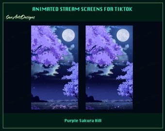 Sobreposição de transmissão animada do TIKTOK Lavender Sakura Hill, sobreposições animadas do TIKTOK Purple Sakura Night, tela Sakura Tiktok para streamer, OBS