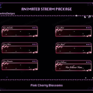 May include: Animated stream package with pink cherry blossoms. The package includes alerts for new subscribers, hosts, cheers, donators, raids, and followers.