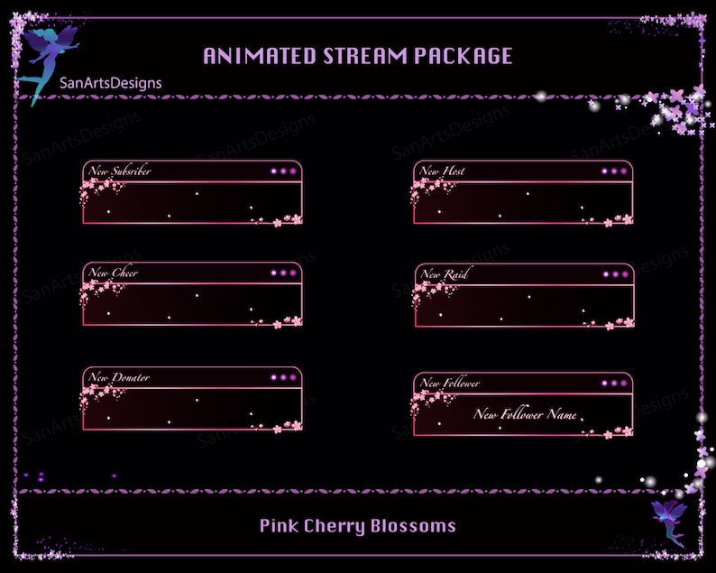 May include: Animated stream package with pink cherry blossoms. The package includes alerts for new subscribers, hosts, cheers, donators, raids, and followers.