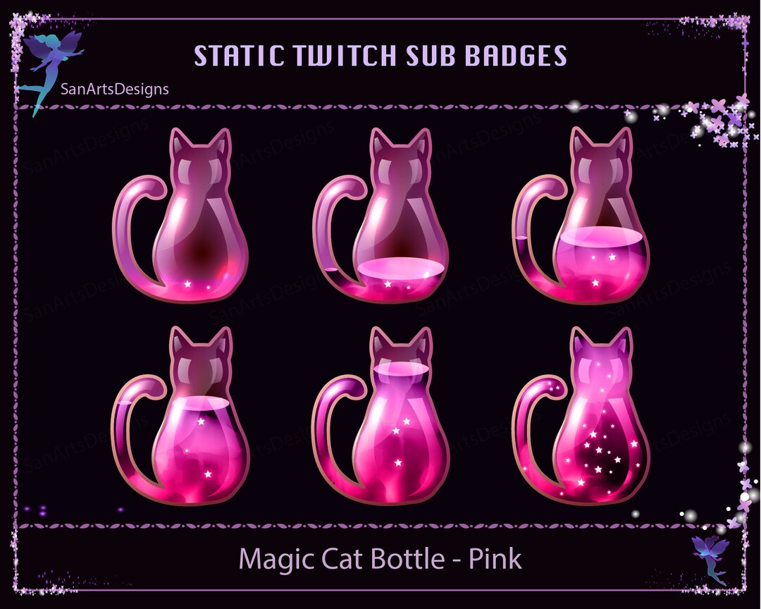 Pink Magic Cat Bottle Twitch Sub Badges, Pink Glass Cat Twitch Sub ...
