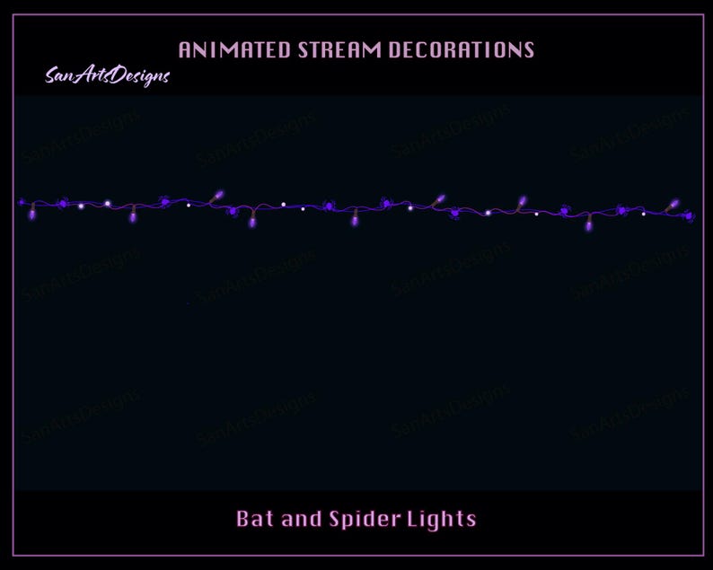 May include: Animated purple and white string lights with bat and spider shapes. The lights are on a black background and the text "Bat and Spider Lights" is below the lights.