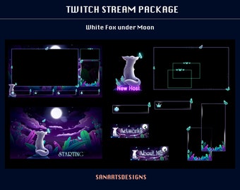 Animated Stream Package Magic White Fox under Moon, Animated Twitch Overlay Package White Fox at Witchy Night for Streamer, OBS, Streamlabs