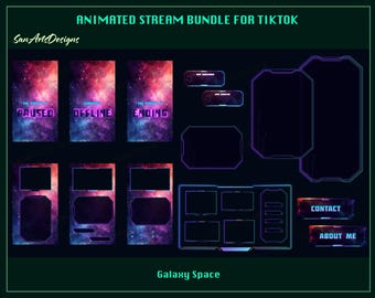 May include: Animated stream bundle for TikTok with a galaxy space theme. Includes overlay screens with text like "Paused", "Offline", and "Ending". Also features various interface elements and buttons.